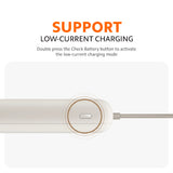 Power bank with central button and integrated cable extending from top