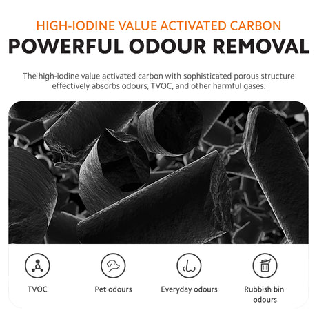 Dark porous activated carbon filter media with odour-removal icon row