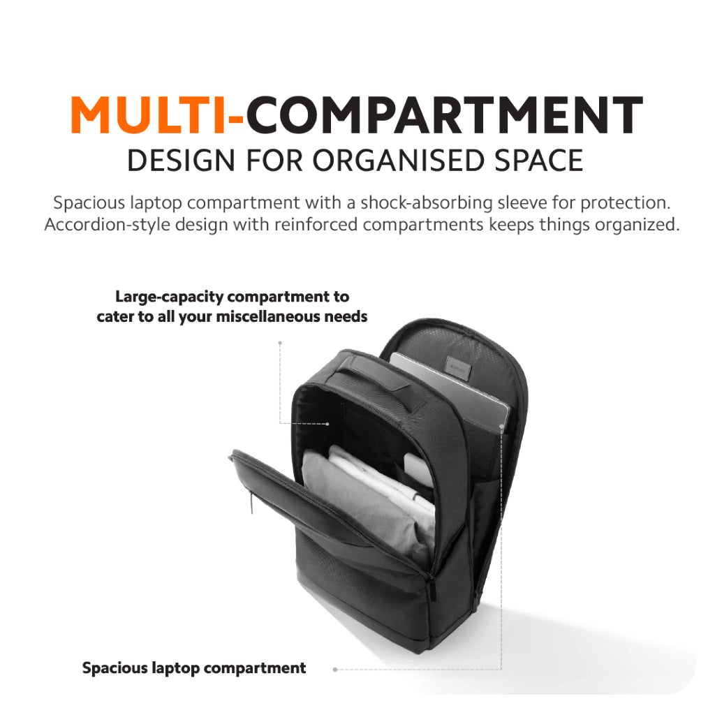 Black multi-compartment backpack with side opening and laptop sleeve.