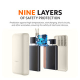 Power bank with internal safety circuitry shown, compact tan case