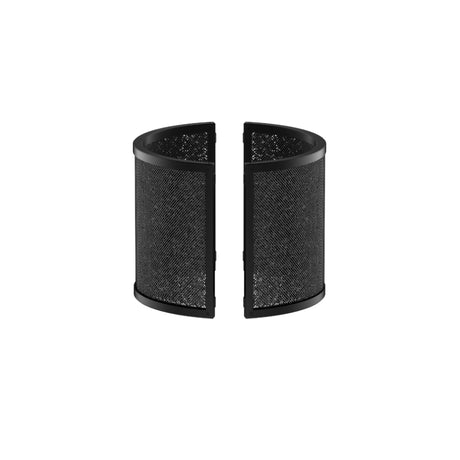 Set of two curved black mesh filter cylinders with dark end caps