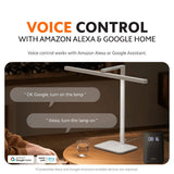 White LED desk lamp with voice control via Amazon Alexa and Google Assistant.