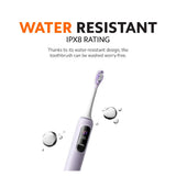 Water droplets on a purple electric toothbrush with black display window