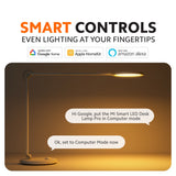Smart LED desk lamp with adjustable arm, shown in warm-lit controls infographic