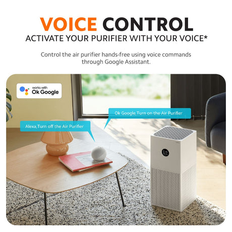 White air purifier on floor with front grille and small round status display