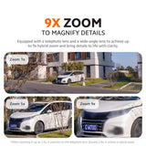 Outdoor security camera 9x zoom infographic with example vehicle zoom views