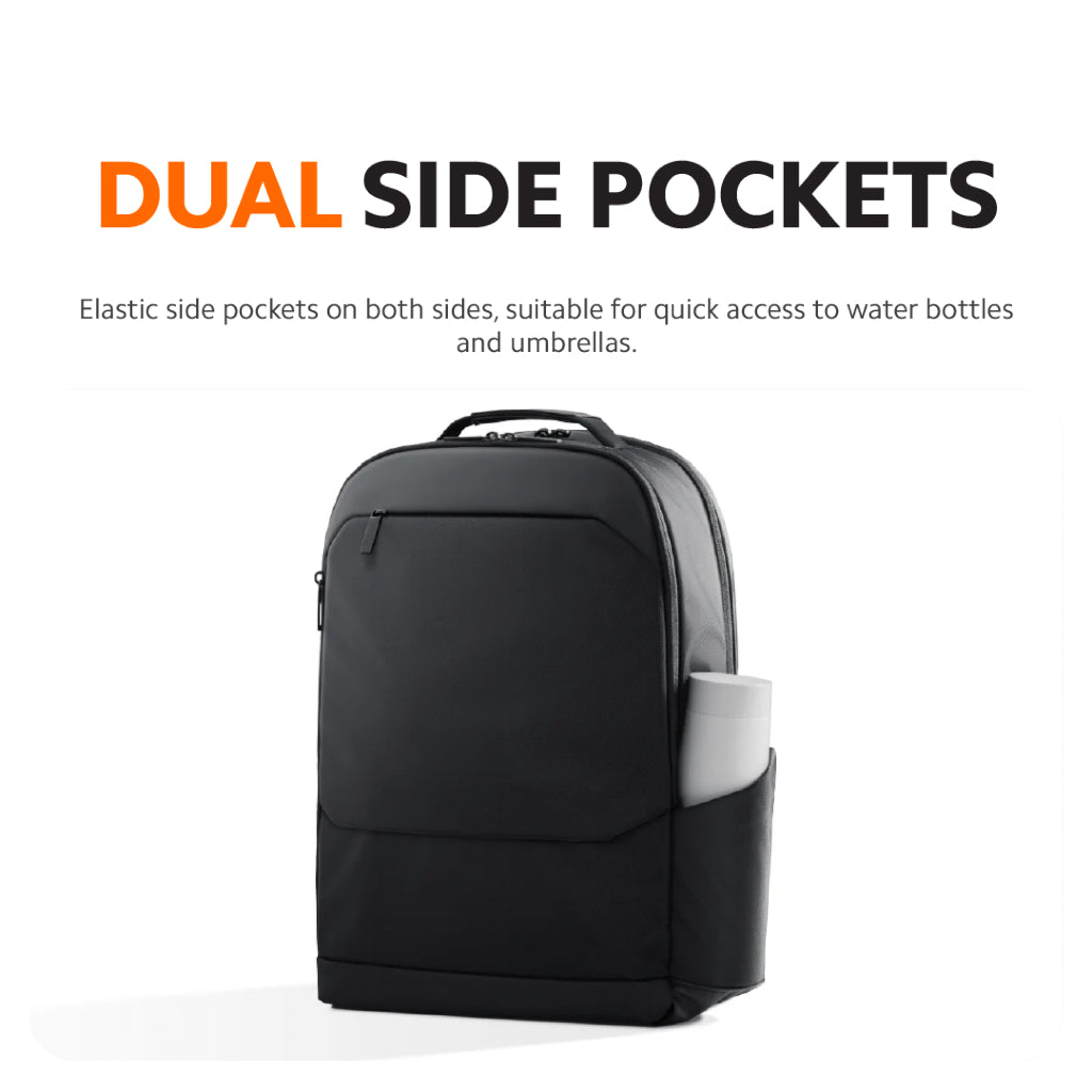 Black backpack with dual elastic side pockets on both sides.