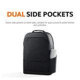 Black backpack with dual elastic side pockets on both sides.