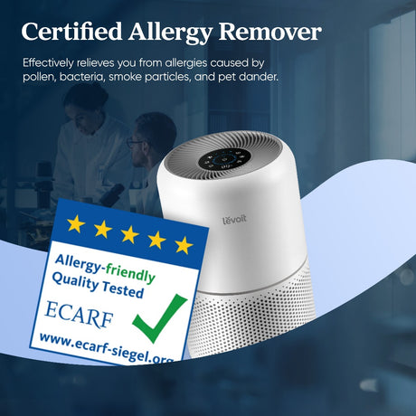 White Levoit air purifier with circular top vents and front air inlet grille