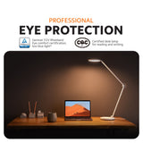 White LED desk lamp with circular base and adjustable neck, eye-protection lighting scene