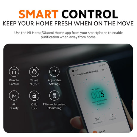 White air purifier next to a smartphone screen, featuring a round front control display