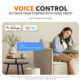 White compact air purifier in living room for voice control operation.