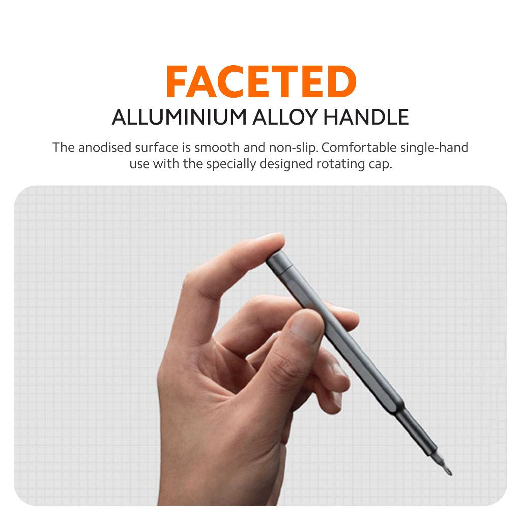 Aluminum alloy precision screwdriver with faceted gray handle and tip