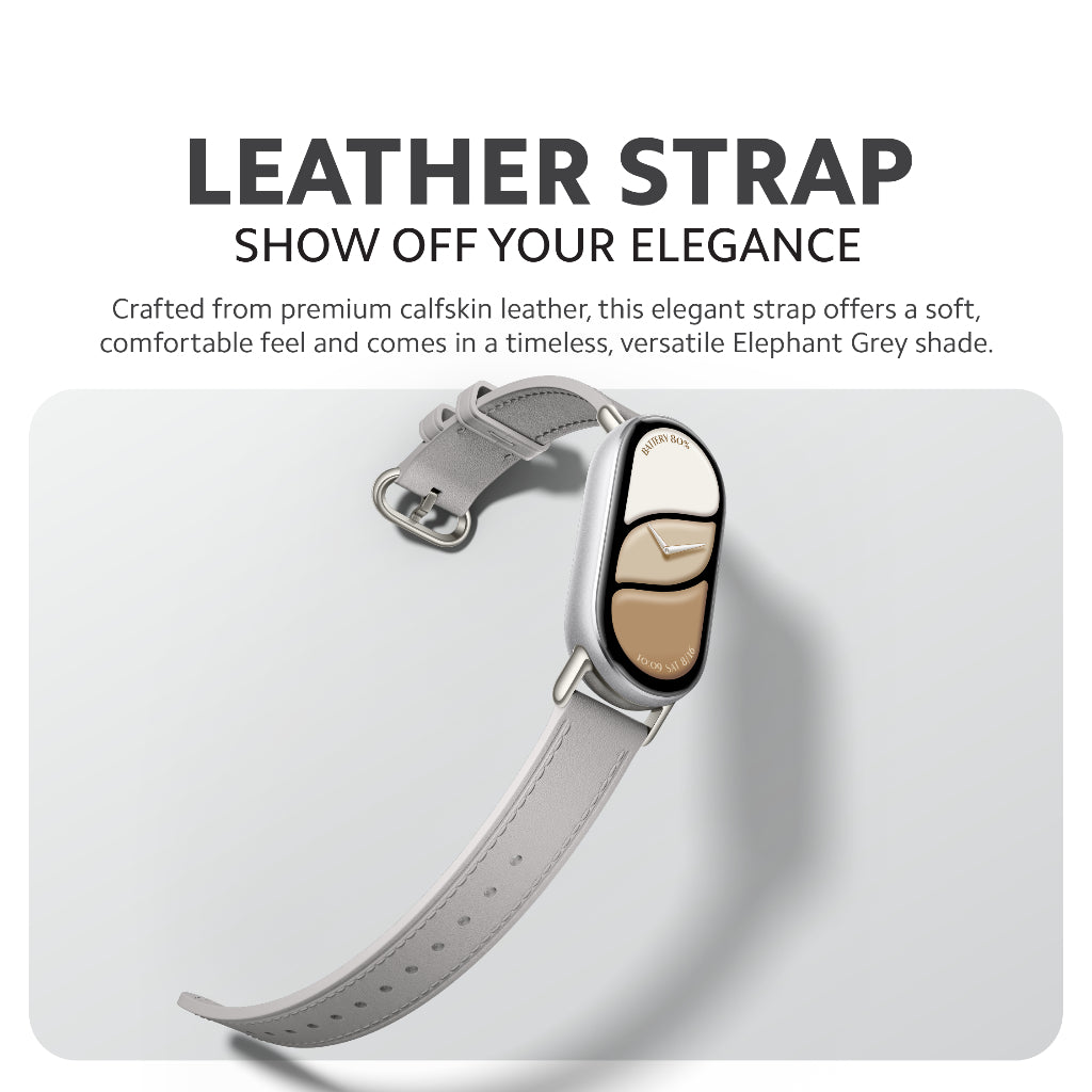 Xiaomi Smart Band 10 leather strap in light gray with metal pin buckle.