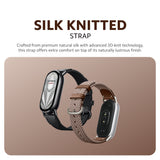 Xiaomi Smart Band 10 silk knitted strap in black and brown with metal buckle.