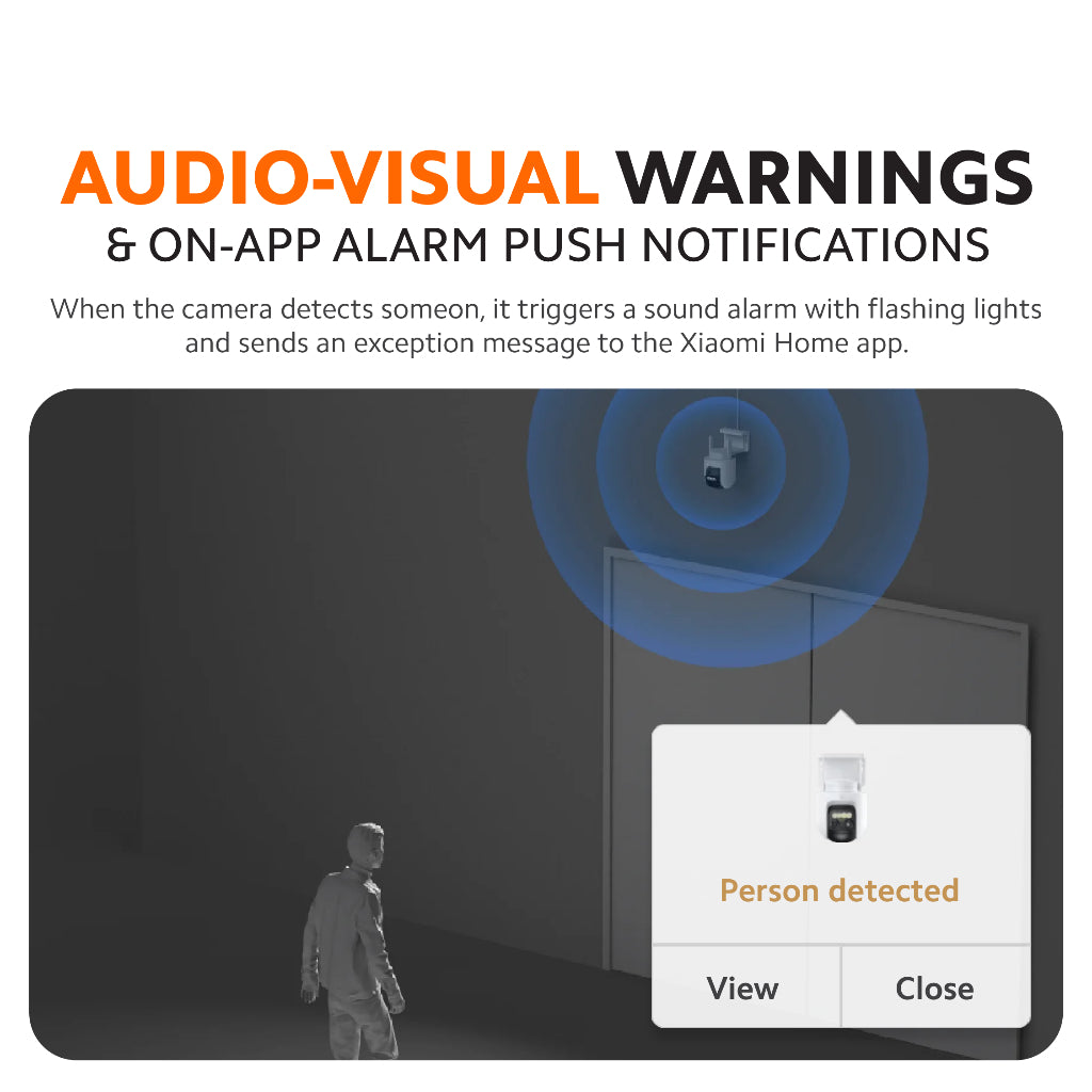Outdoor security camera audio-visual warning banner with app alert and flashing icon