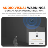 Outdoor security camera audio-visual warning banner with app alert and flashing icon
