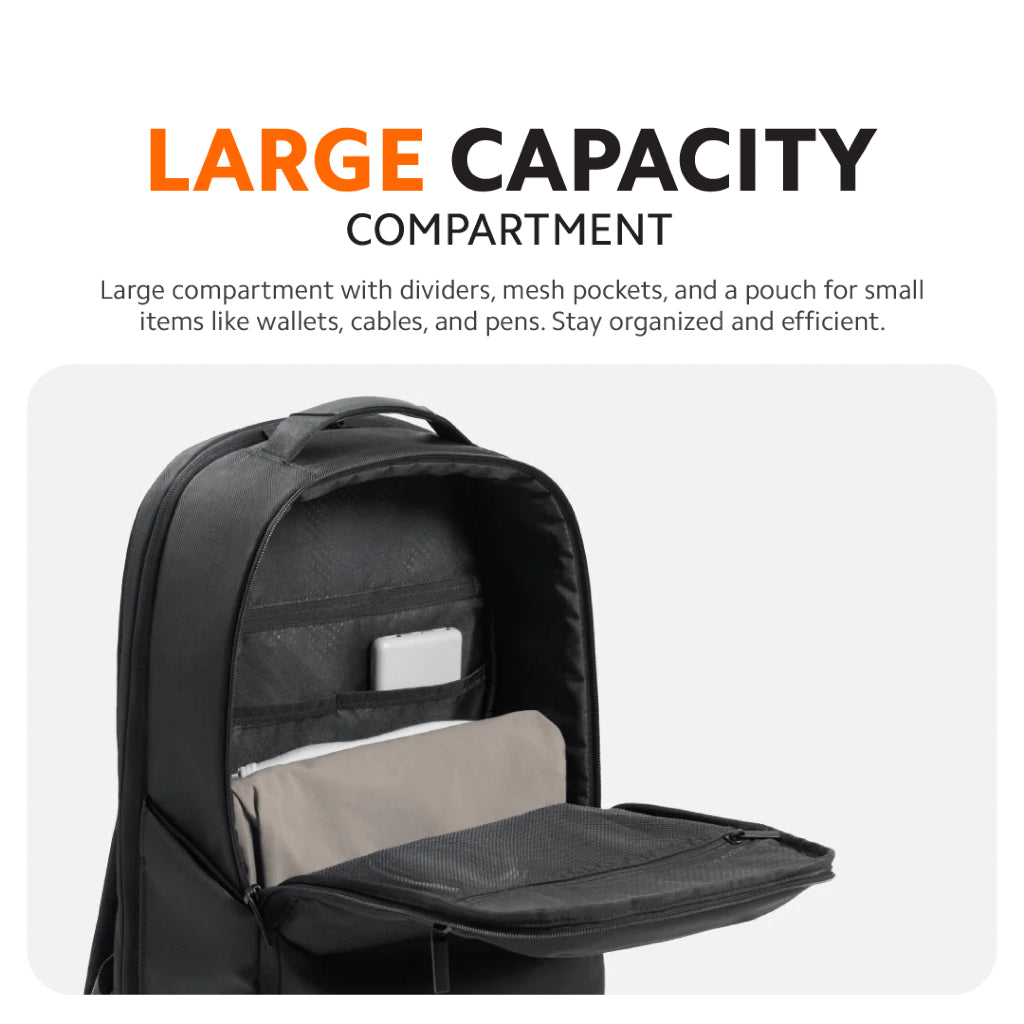 Black backpack open front compartment with dividers, mesh pocket, and pouch.