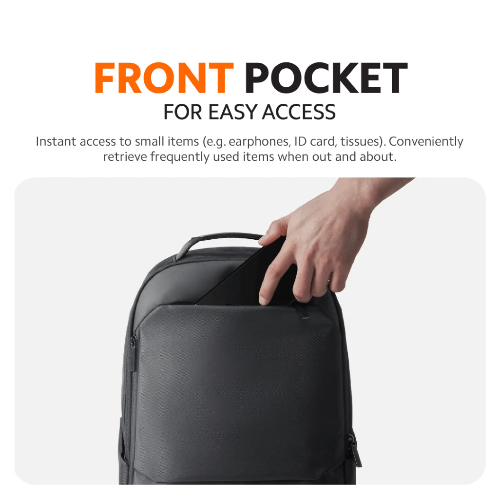 Black backpack front pocket with zipper, shown opening for quick access.