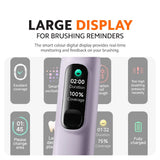 Purple electric toothbrush handle with digital display window and black control panel