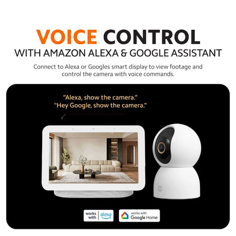 Indoor smart camera with voice control compatibility, shown beside a smart display