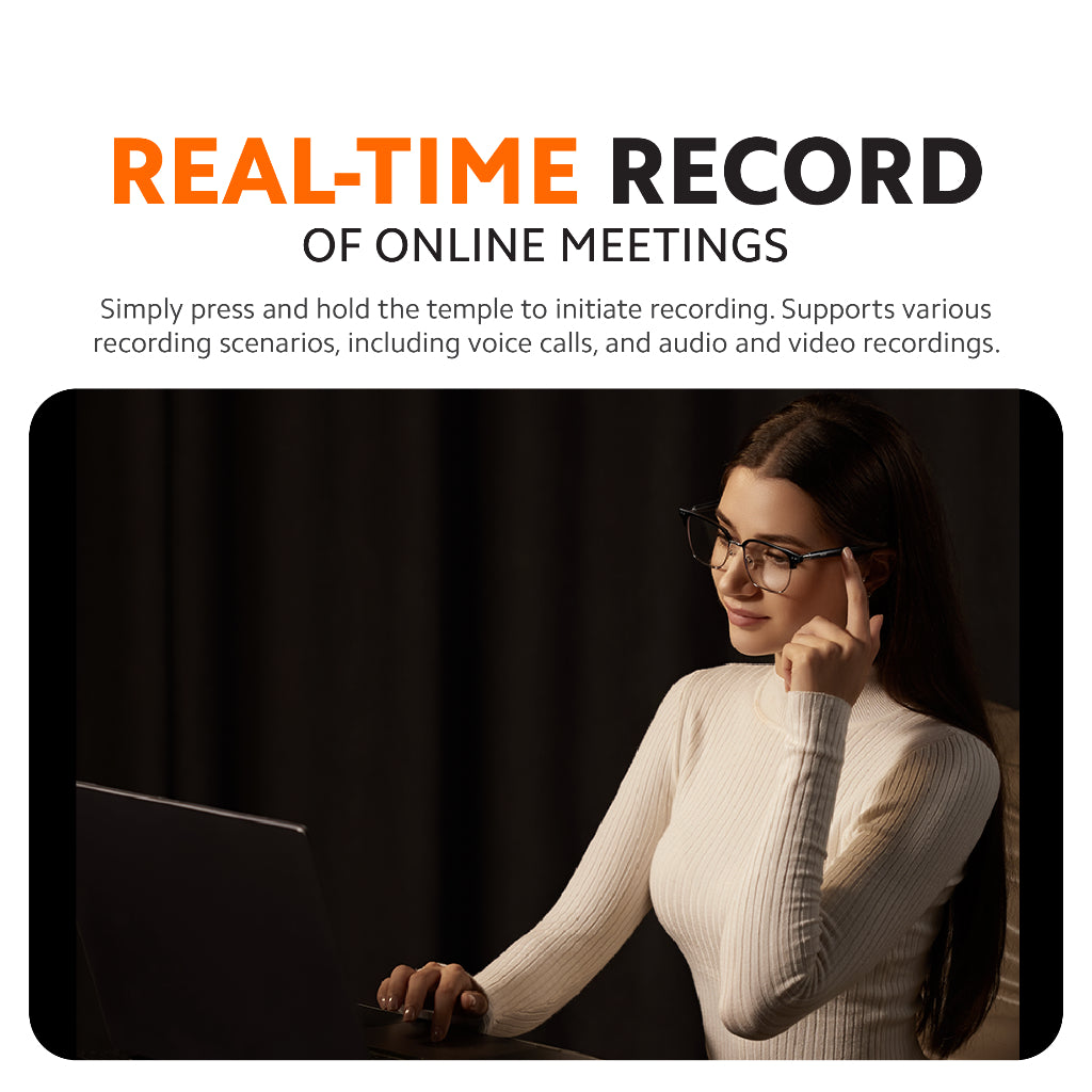Smart audio glasses on person, dark frame with clear lenses