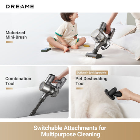 Dreame cordless stick vacuum with mini-brush and pet deshedding attachment