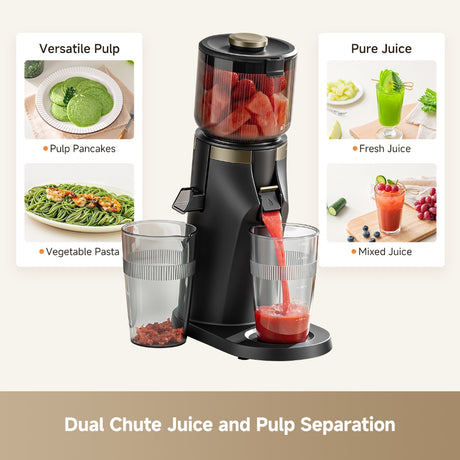 Black slow juicer with dual chute, separating juice into cups and pulp container