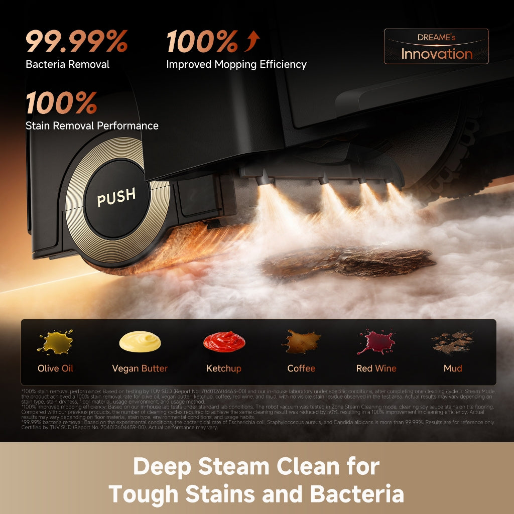 Robot vacuum with front circular control button and steam jet near mop area