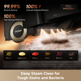 Robot vacuum with front circular control button and steam jet near mop area