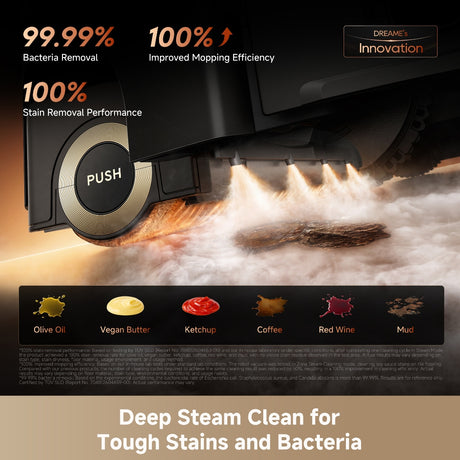 Robot vacuum with front circular control button and steam jet near mop area