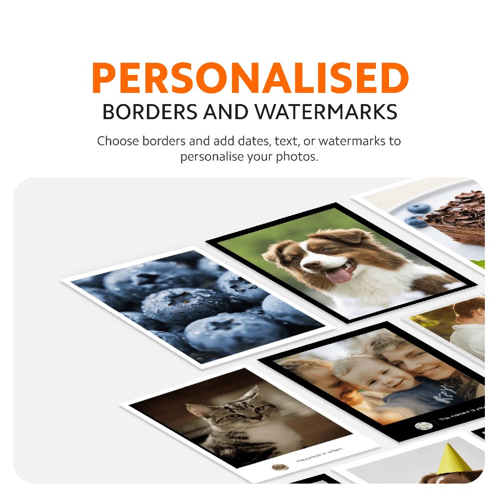 Portable photo printer feature panel with personalised borders and watermark photo previews.