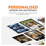 Portable photo printer feature panel with personalised borders and watermark photo previews.