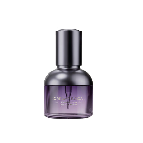 Dreame Boca 30 ml hair care essence bottle, dark purple glass with black cap.
