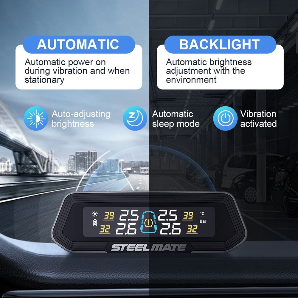 Solar TPMS dashboard display monitor with bright backlit digits, black housing