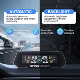 Solar TPMS dashboard display monitor with bright backlit digits, black housing