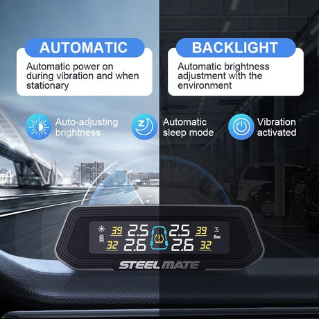 Solar TPMS dashboard display monitor with bright backlit digits, black housing