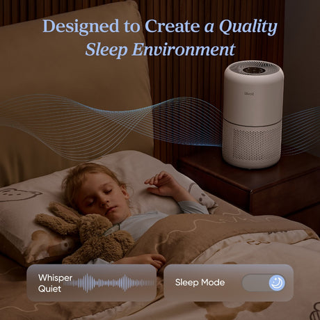 White air purifier on bedside table beside a sleeping bed