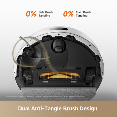 White robot vacuum cleaner underside with dual anti-tangle brush design
