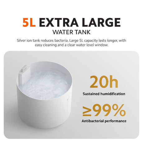 White humidifier showing large water tank with visible water level
