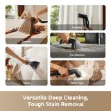 Portable steam spot cleaner shown during carpet and furniture cleaning use