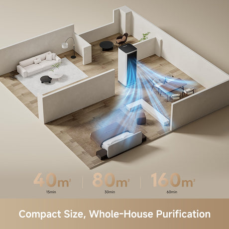 White tower air purifier in a room with blue airflow spreading outward