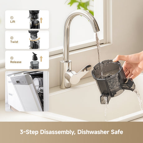 Black slow juicer with detachable parts being rinsed under a faucet