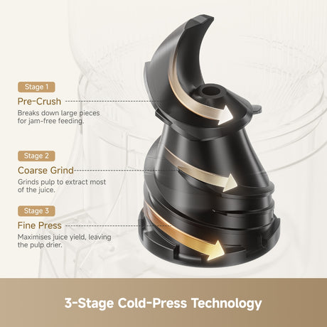 Slow juicer cold-press auger assembly in black with gold accents