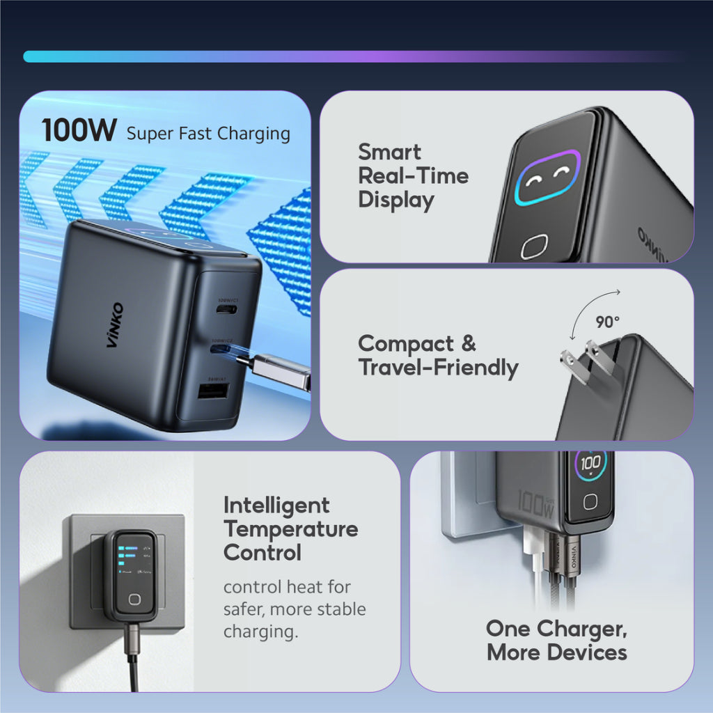 VINKO KN-2D 100W 3-Port GaN Charger with Smart Display