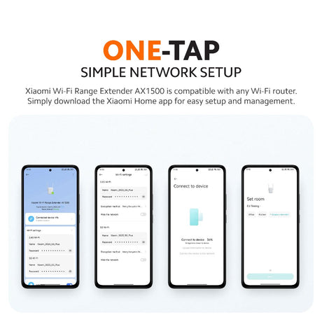 Wi-Fi range extender one-tap setup with Xiaomi Home app on smartphone screens