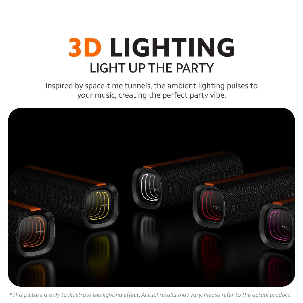 Black cylindrical Bluetooth speaker with orange trim and multicolor glowing rings