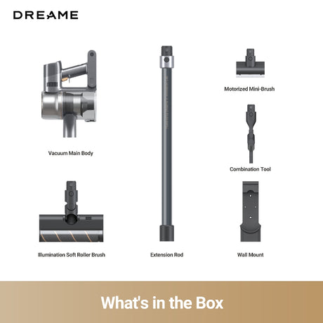 Dreame cordless stick vacuum box contents: main body, rod, tools, wall mount