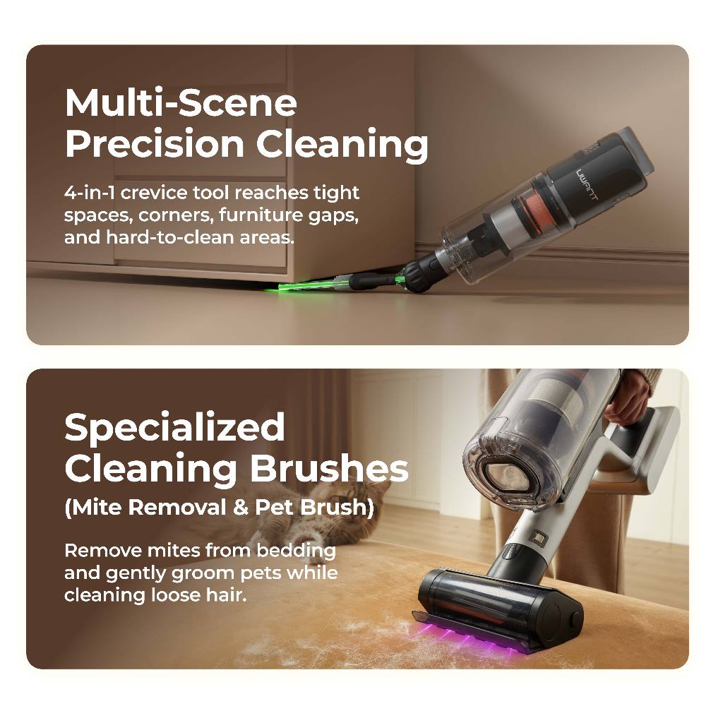 Cordless stick vacuum with crevice tool and pet brush, silver and black.