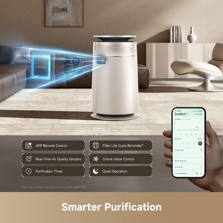 Dreame FP10 air purifier on floor with smartphone app control display